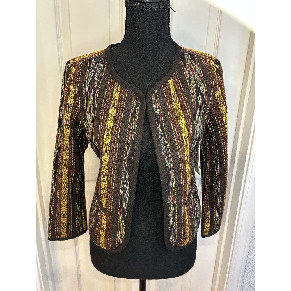 Boho Grandma Cropped Jacket 3/4 Sleeve Cotton Stripe Multicolor Women Sz M NWT